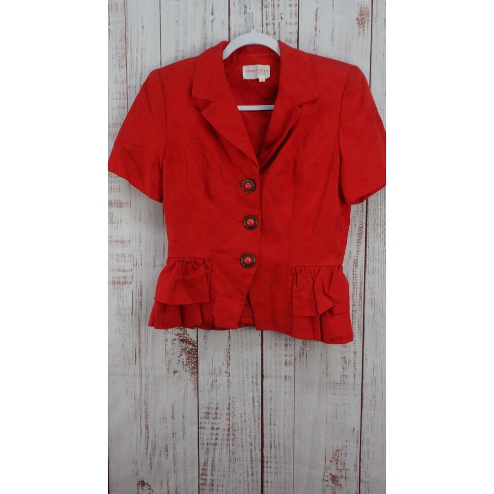 David Warren New york Blazer Womens 8 Red Button Up Ruffle Short Sleeve Vintage